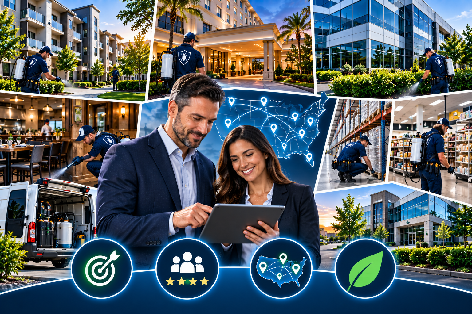 BugProspects commercial pest control — technicians servicing apartments, hotels, offices, restaurants, warehouses, and retail