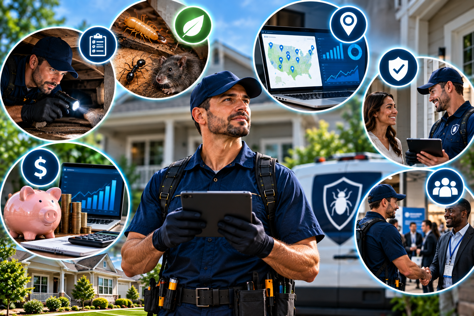 Certified inspector with tablet in front of branded van, surrounded by six benefit highlights: inspections, pest types, geocode targeting, trust, networking, and cost savings