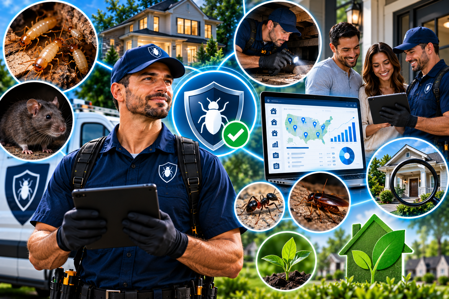 Inspector surrounded by circular vignettes showing pest types, crawlspace inspection, client consultation, dashboard, house inspection, and eco-friendly practices