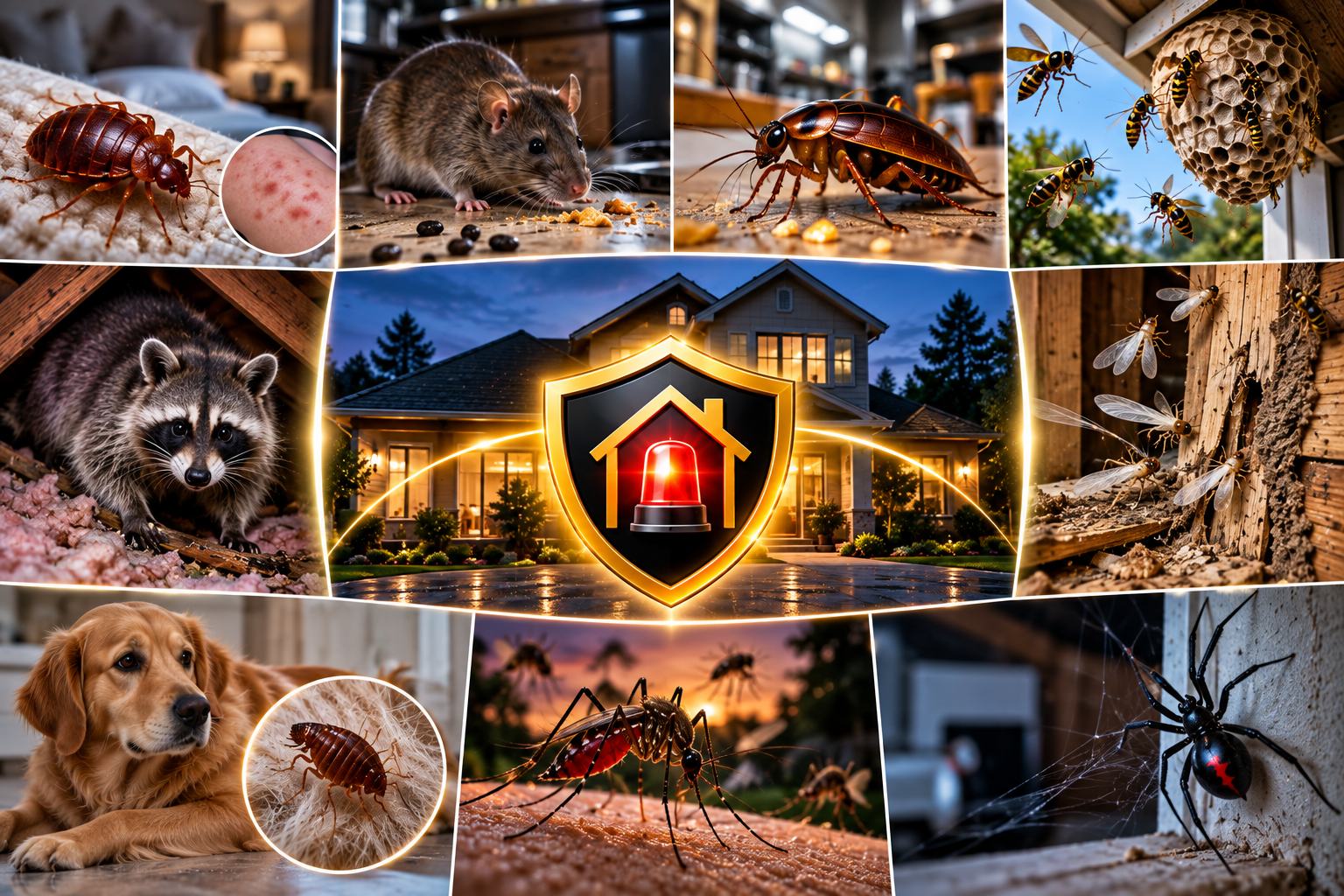 Common pest emergency scenarios — bed bugs, rodents, cockroaches, wasps, termites, spiders, mosquitoes, and fleas