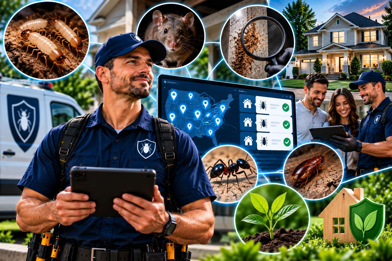Inspector with tablet and branded van, surrounded by circular vignettes of pest types, property inspections, client consultations, and a lead-tracking dashboard
