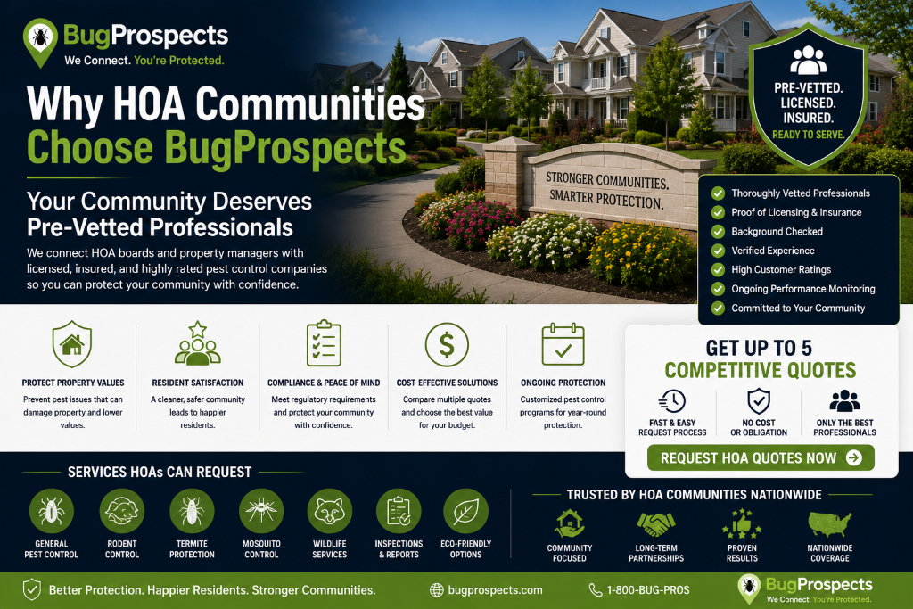 Why HOA Communities Choose BugProspects — pre-vetted, licensed, insured pest control professionals