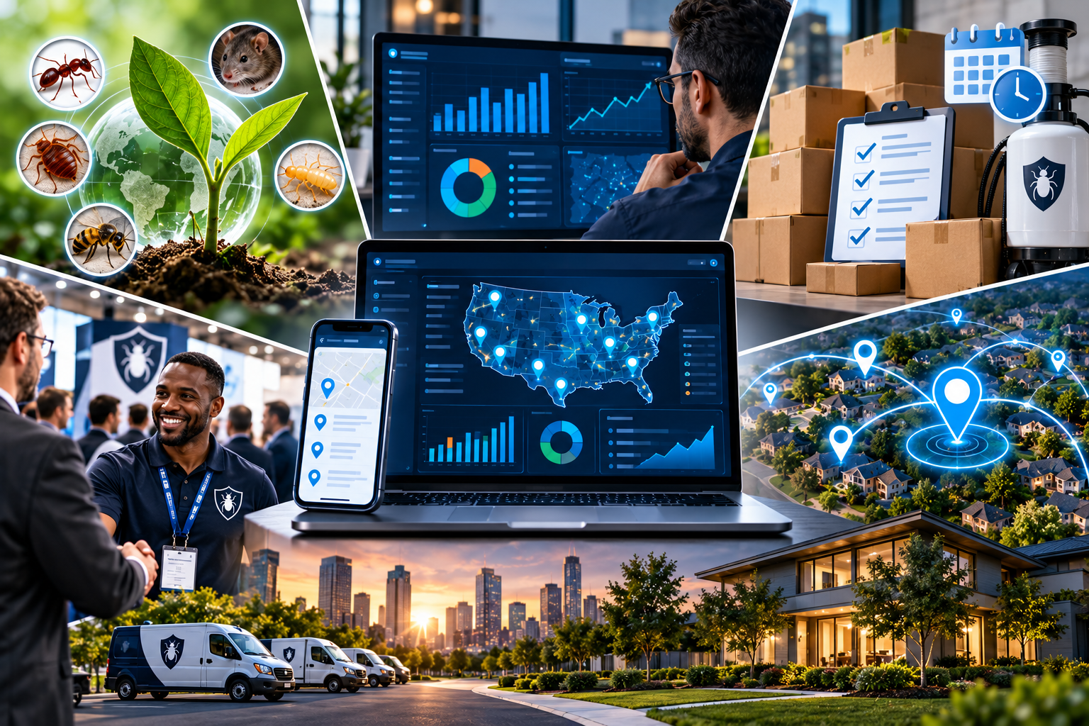 BugProspects platform features — pest types, analytics dashboards, logistics, nationwide coverage, professional service, and residential service