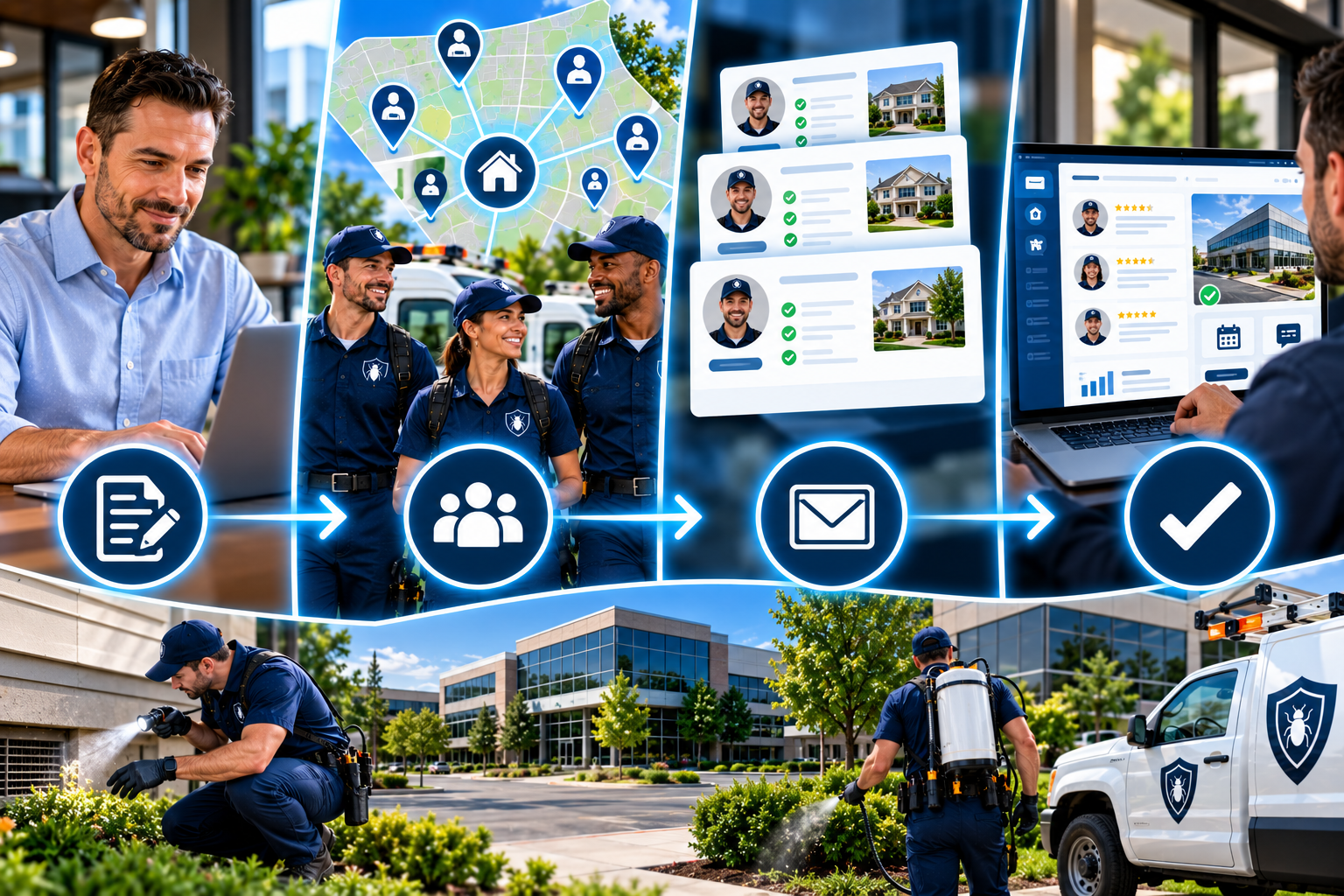 BugProspects commercial pest control process — register, get matched, receive quotes, and choose & manage
