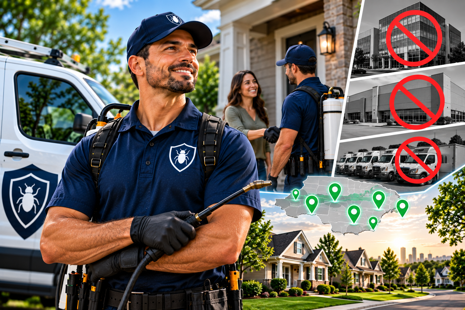 Independent pest control operator in front of branded van, with excluded corporate buildings, warehouses, and van fleets marked off, plus green location pins over a suburban map