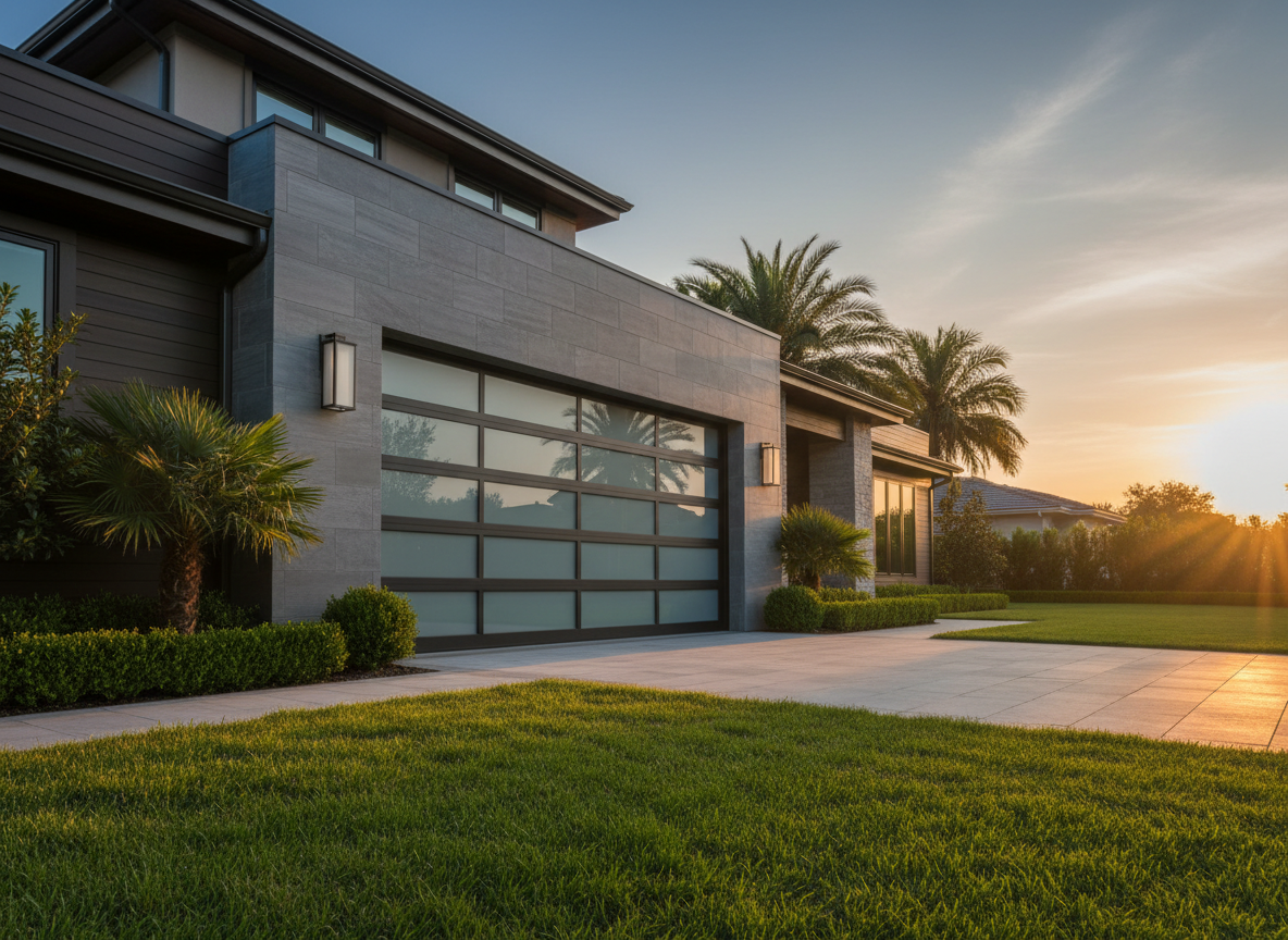 Amarr Heritage collection modern garage door with clean lines and frosted glass panels
