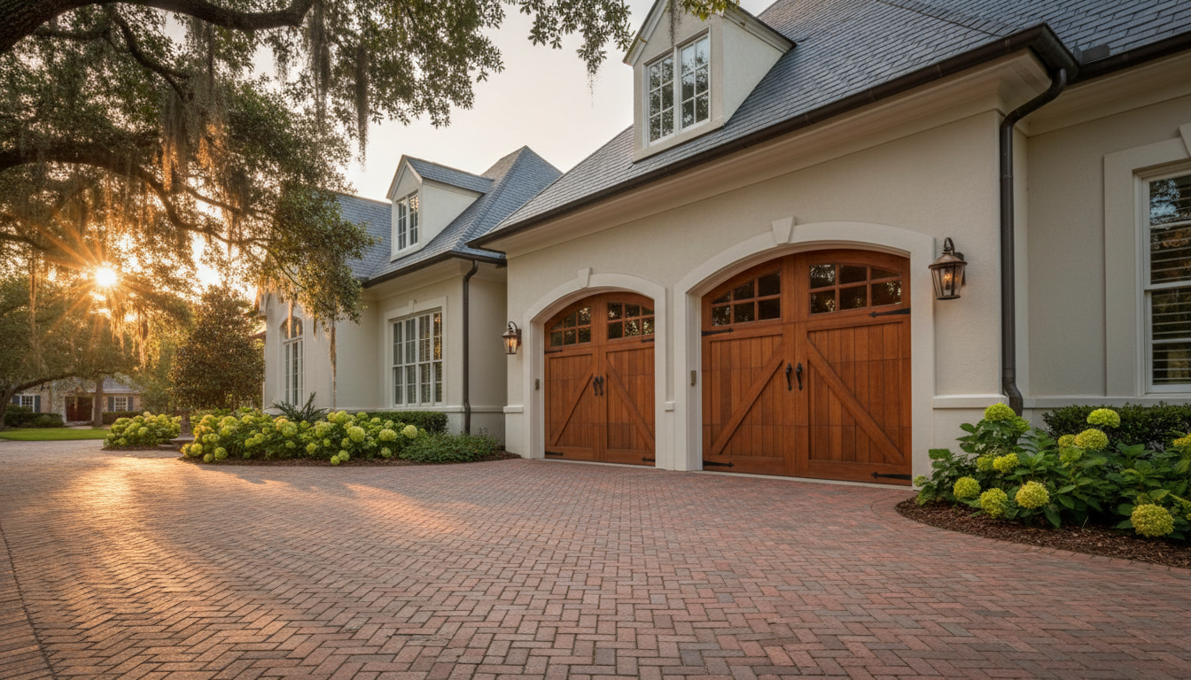 Premium Amarr carriage-house garage door on a Southern-style home at golden hour