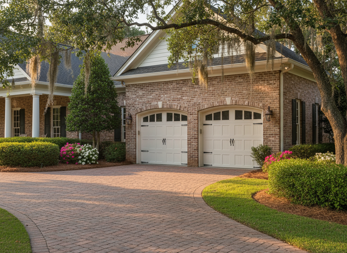 Amarr Classica collection traditional raised-panel garage door on a brick Southern home