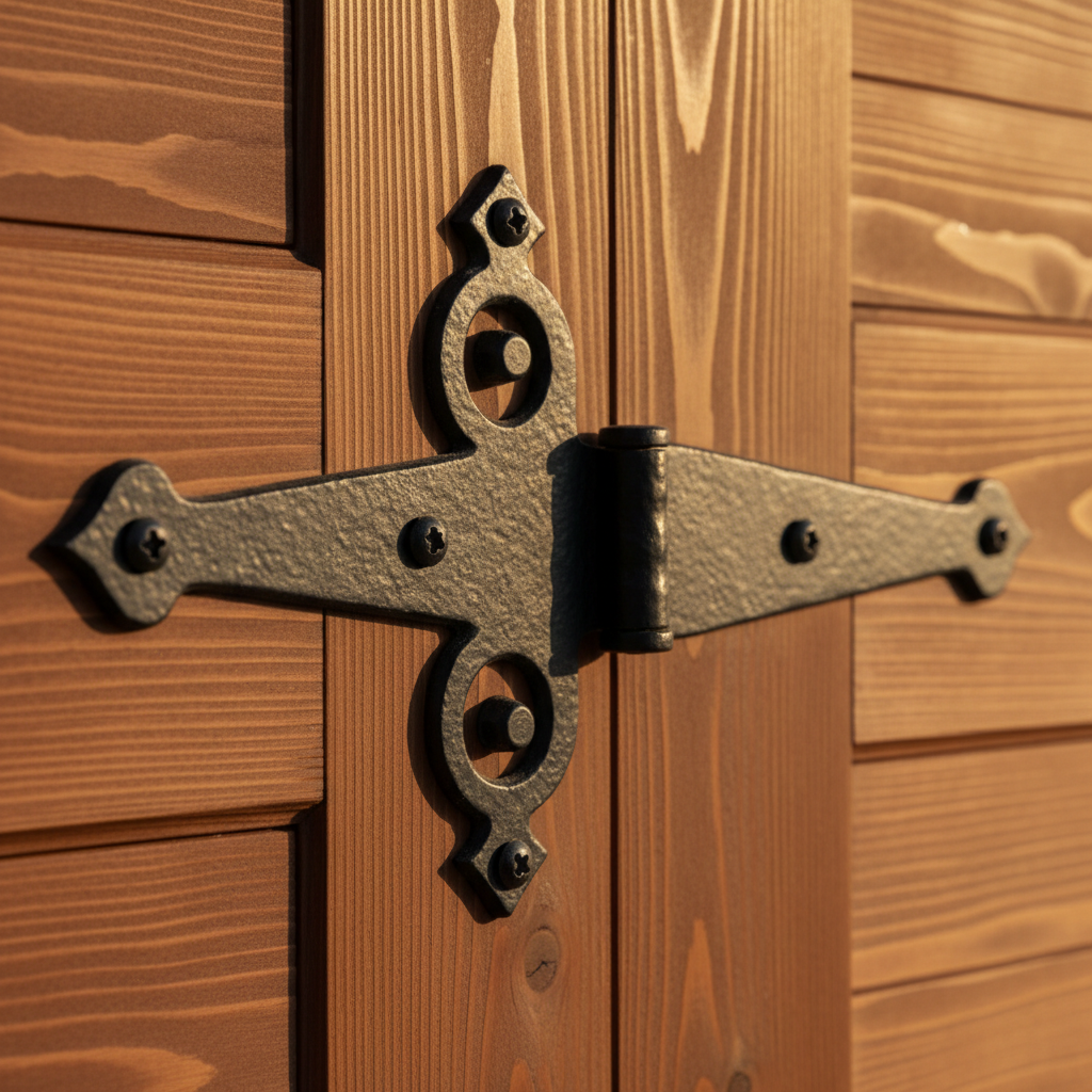Close-up detail of premium garage door hardware and wood grain craftsmanship