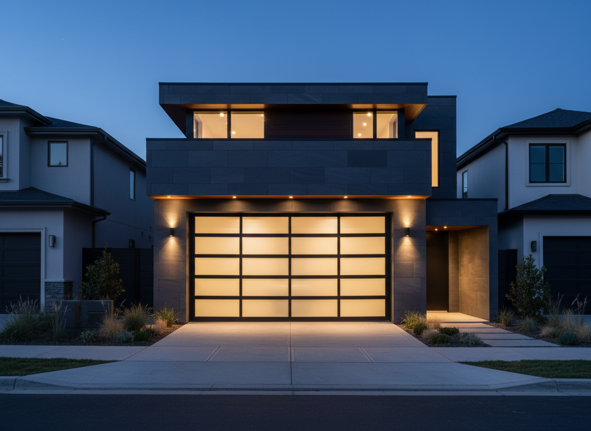 Amarr Olympus collection contemporary steel and glass garage door with evening lighting