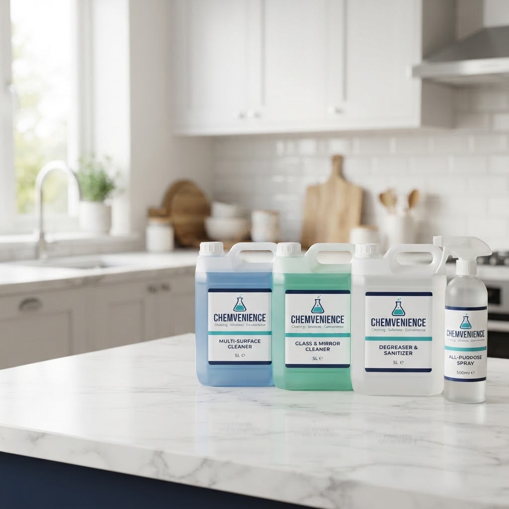 Chemvenience branded 5L cans and spray bottle in a bright kitchen setting