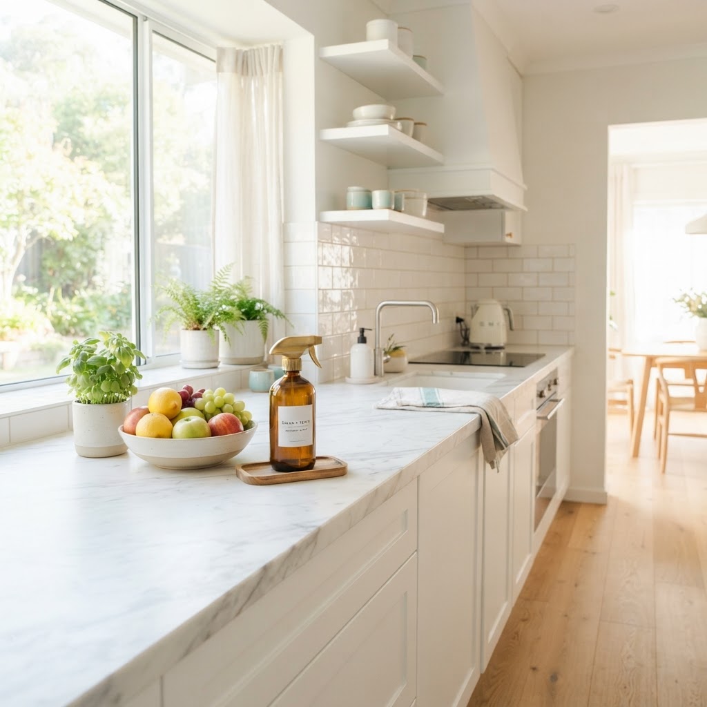 Bright clean modern kitchen countertop with spray bottle