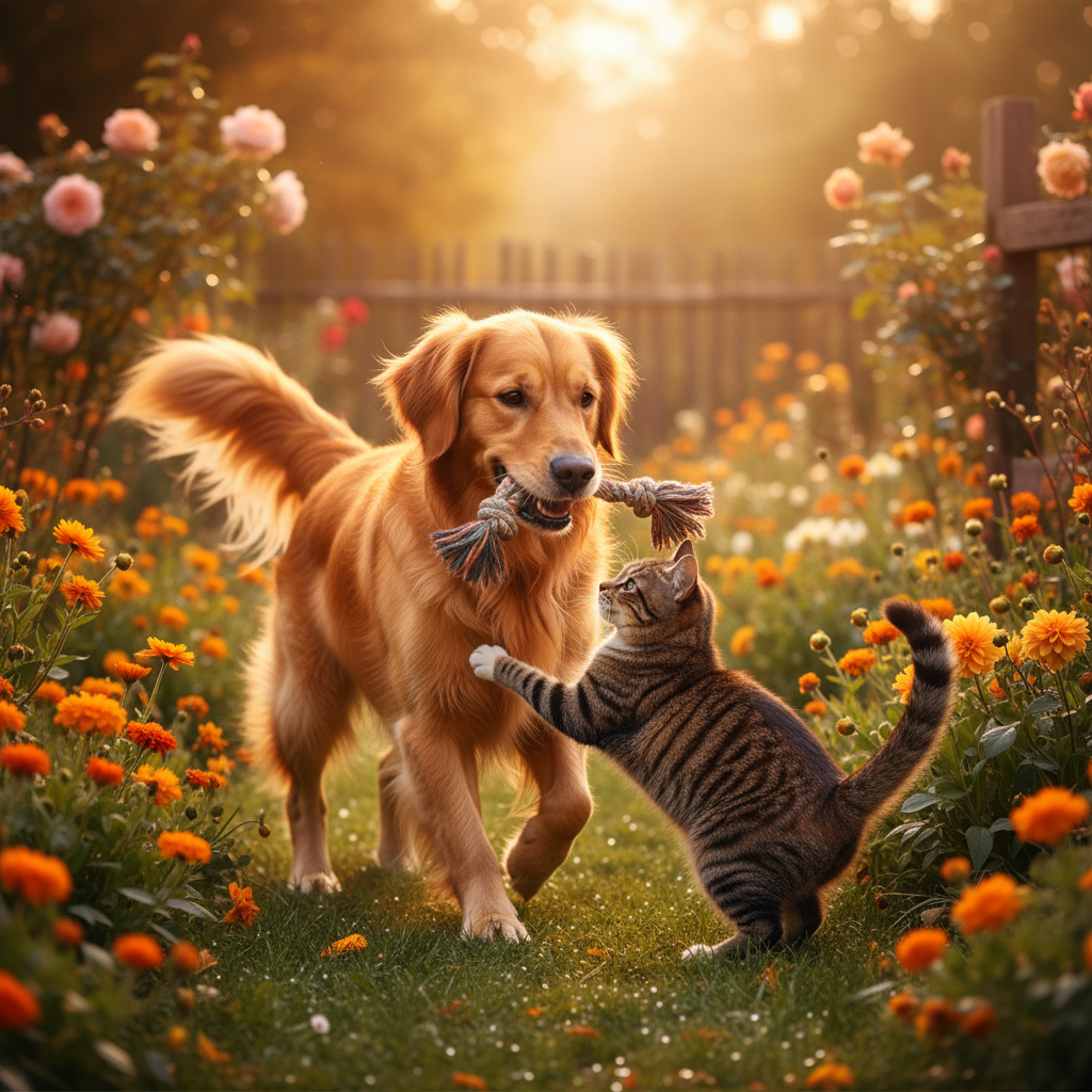 Happy dog and cat playing together