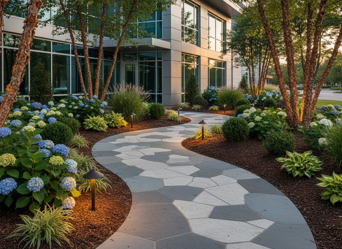 Professional landscape enhancement — mulch, edging, and planting beds