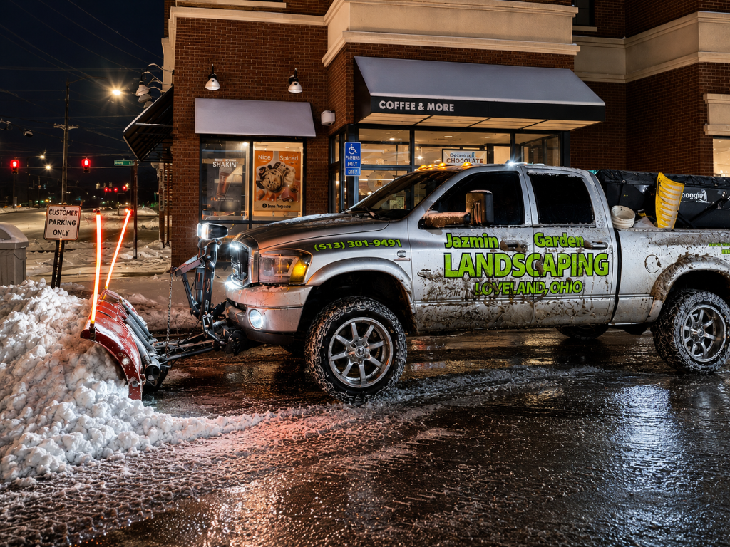 Jazmin Garden snow plow truck at commercial property in Loveland, Ohio