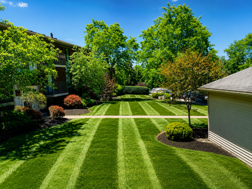 Perfectly striped, professionally maintained commercial lawn
