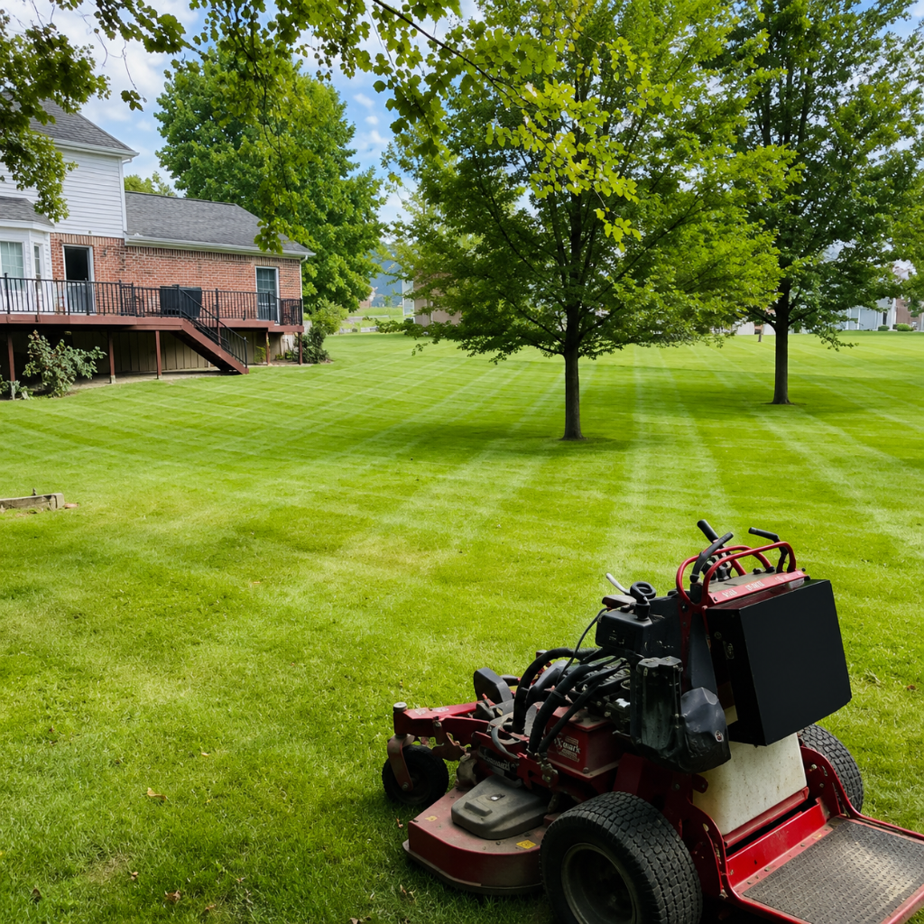 Beautiful residential front yard with lush green lawn and manicured landscaping