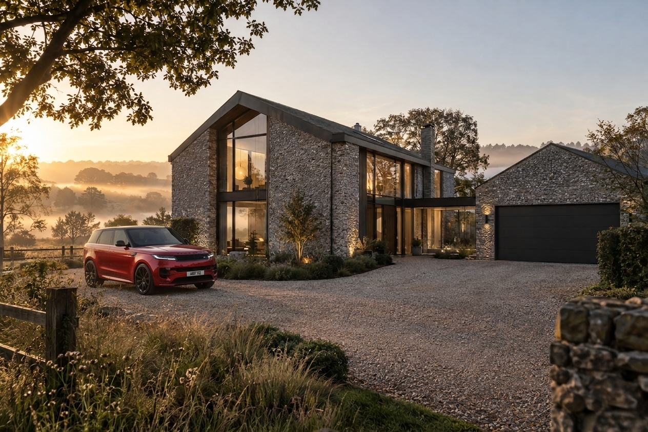 Contemporary stone and glass barn-style home at sunset