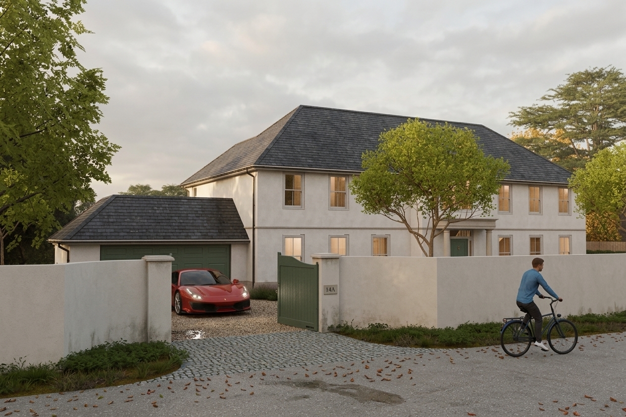 Two-storey white stucco home behind a boundary wall, with a green gate and gravel driveway