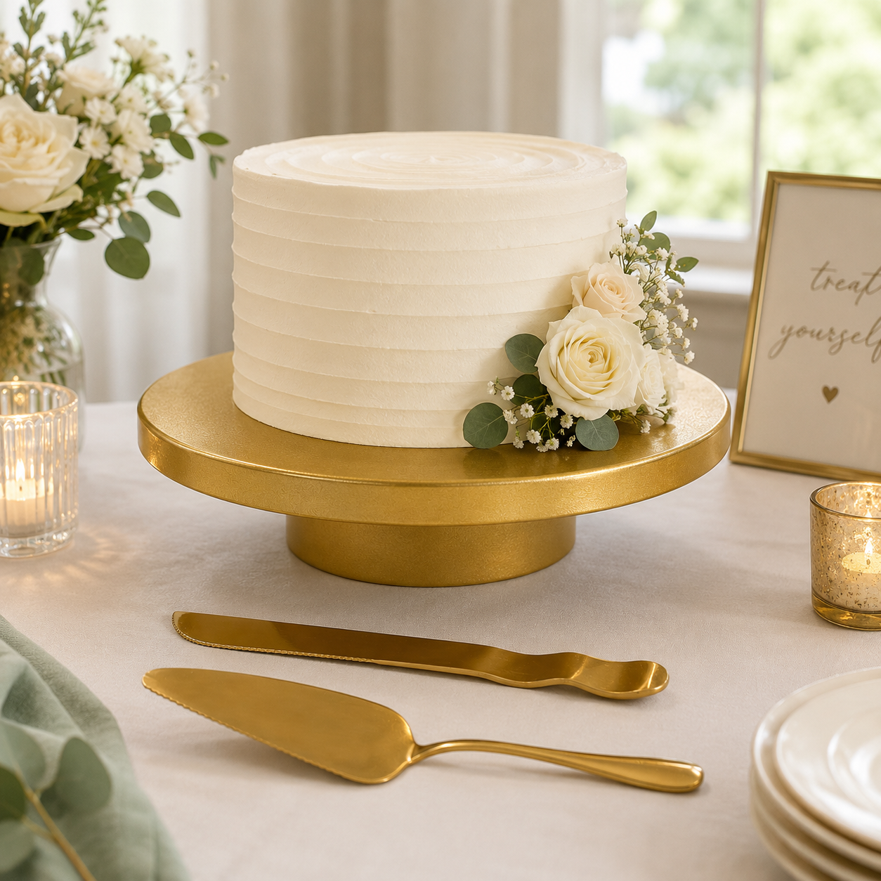 Gold Metal Cake Stand with Matching Cake Knife & Server – 12”