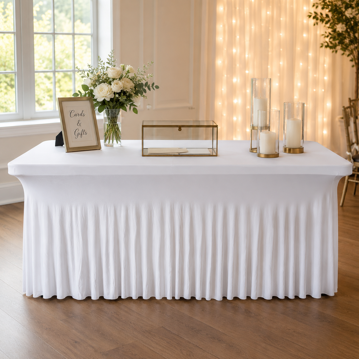 White Wavy Stretch Spandex Table Cover – 6’ Rectangular Table