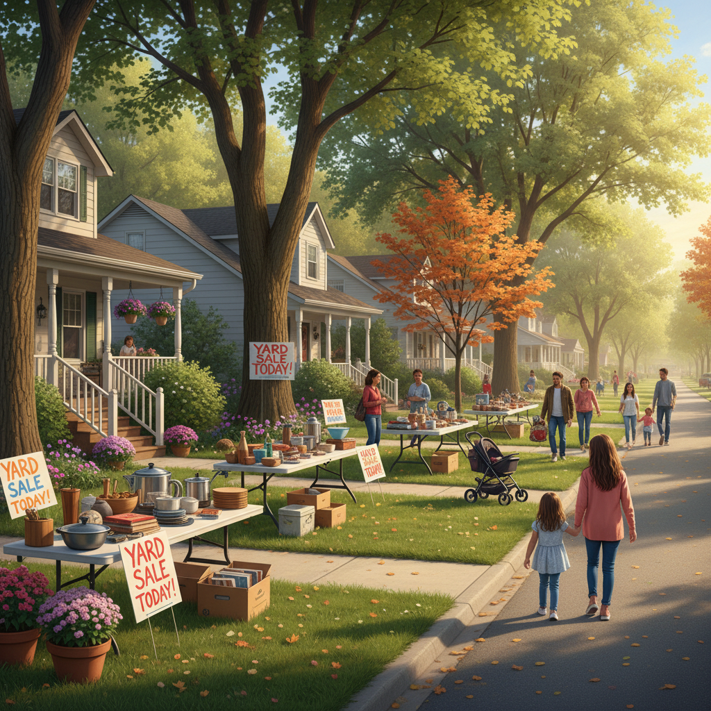 Neighborhood yard sale on a sunny day