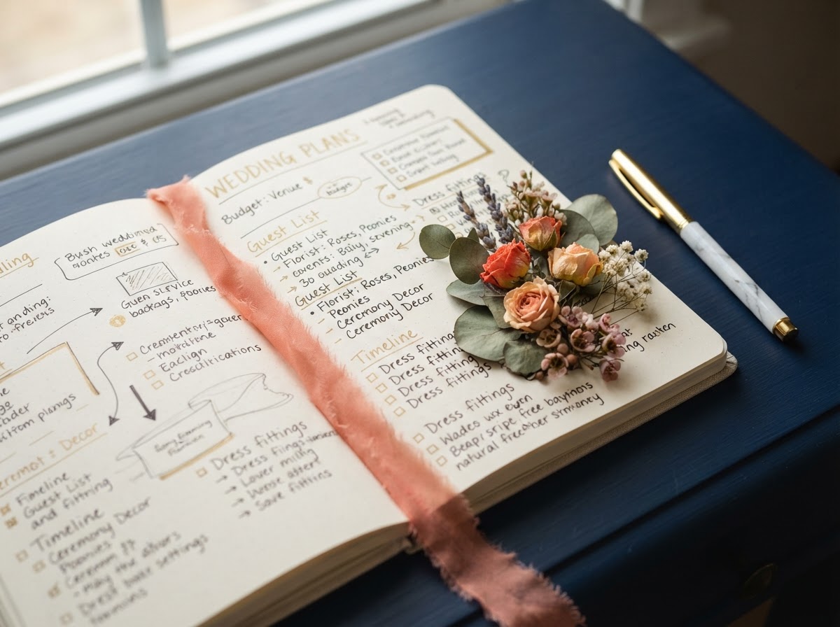 Planning notebook with coral ribbon