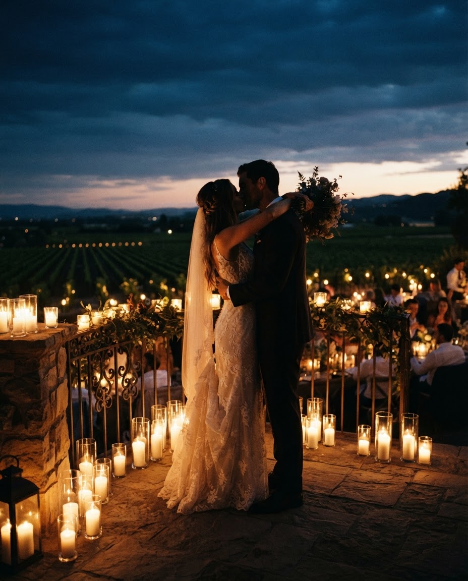 Couple on a candlelit terrace at dusk