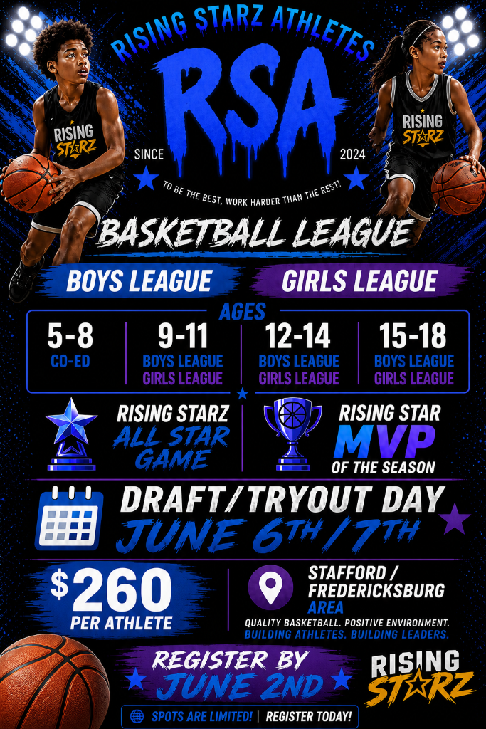 Rising Starz Athletes Basketball League Flyer — Boys & Girls Leagues, Ages 5-18, Draft June 6-7, Register by June 2nd