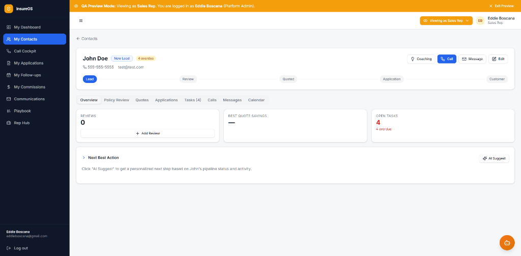 Contact Profile View - Complete client dashboard with pipeline tracker, task metrics, and AI-powered next best action
