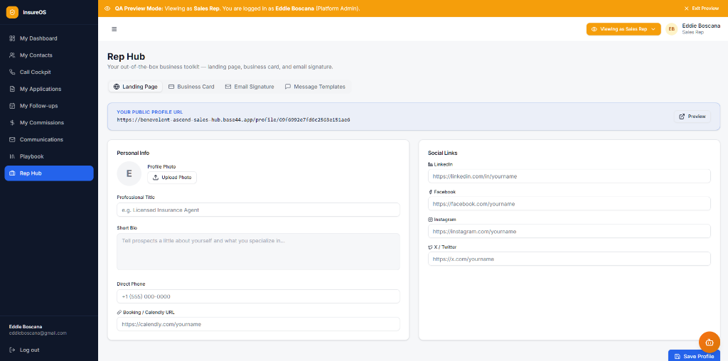 Rep Hub - Professional business toolkit with landing page builder, digital business card, and email signature generator