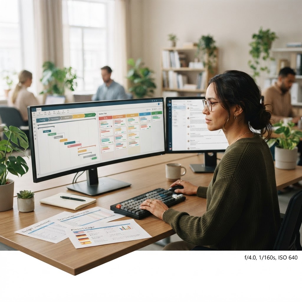 A localization project manager at a desk with a project timeline and task board on a wide monitor