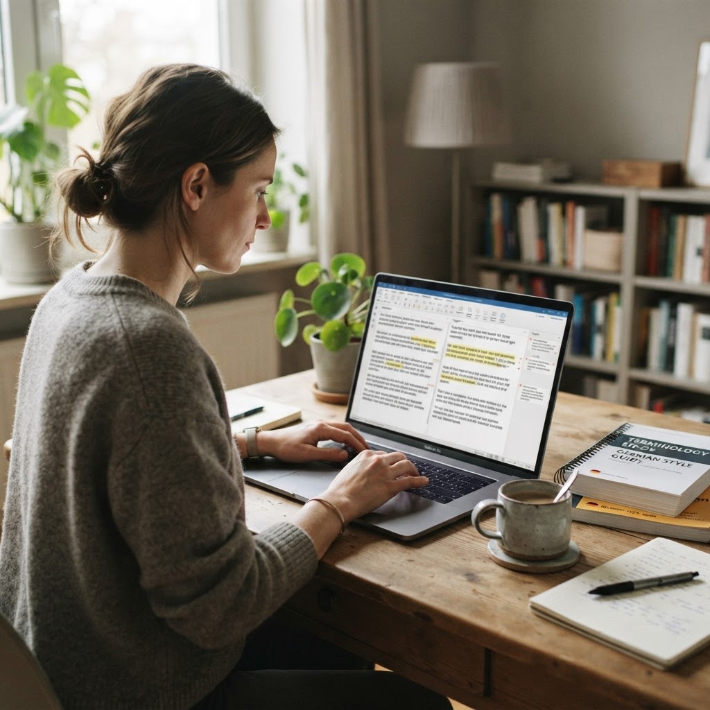 A translator post-editing machine translation output on a laptop with two language versions side by side