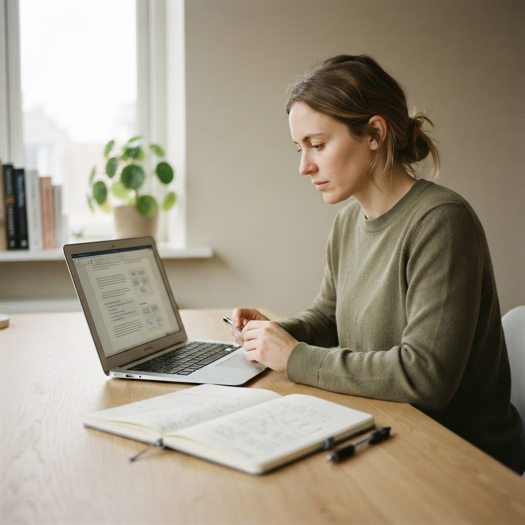 A professional studying a lesson on a laptop at a minimal desk