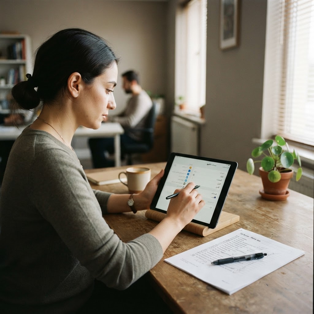 A QA specialist reviewing a localized mobile app interface on a tablet