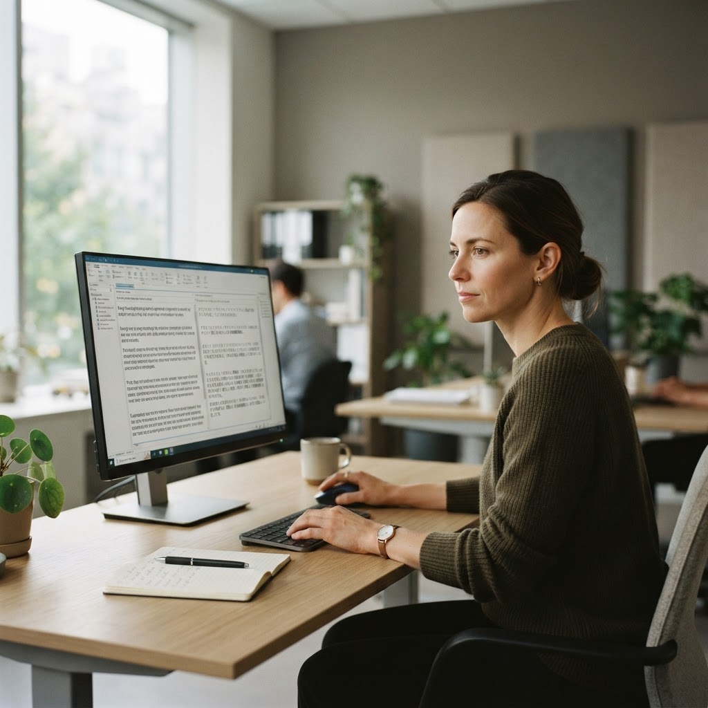 A localization reviewer working in a bilingual translation editor on a large monitor