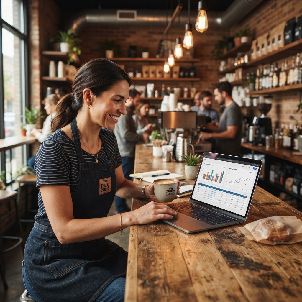 Shop owner reviewing Performance Intelligence on a laptop