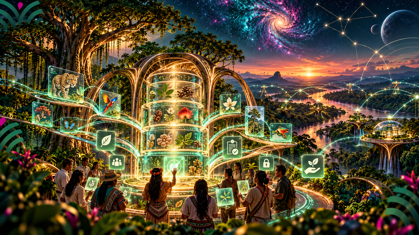 Community gathered around a glowing archive of Amazonian life beneath a galaxy sky