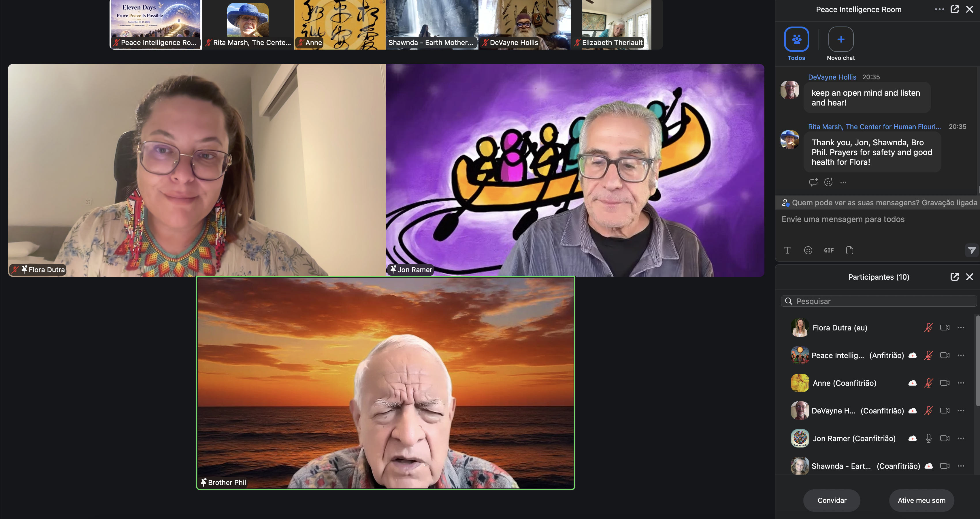 One World Community video call with Flora Dutra, Jon Ramer and Phil Lane Jr.