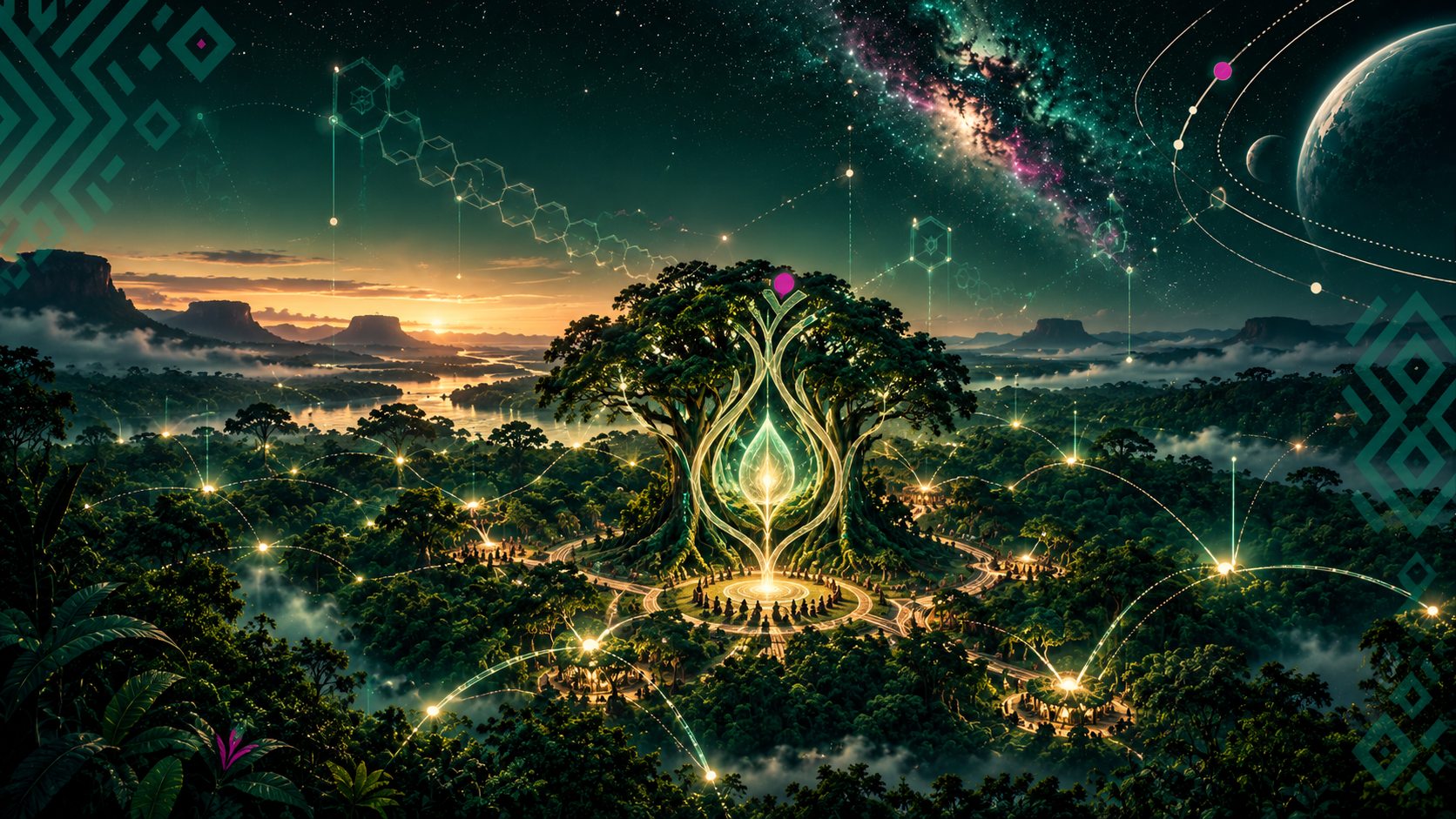 A glowing canopy of light rising from the forest toward the cosmos