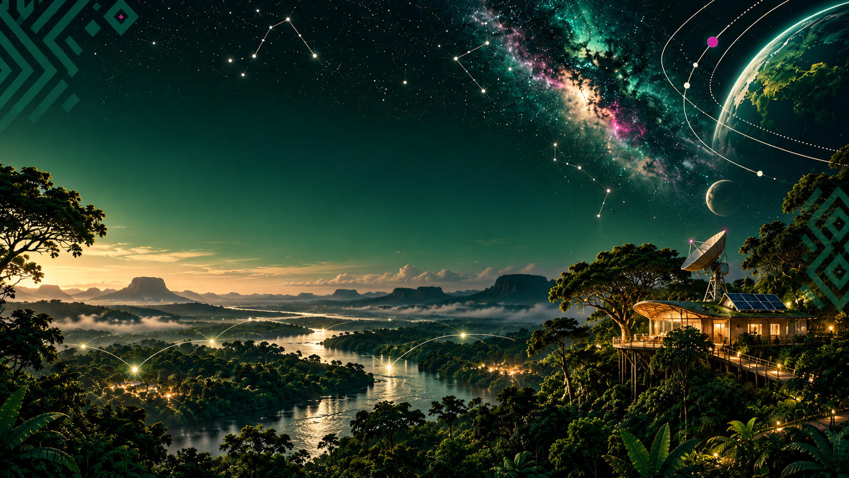 A research structure among the treetops under a star-filled sky