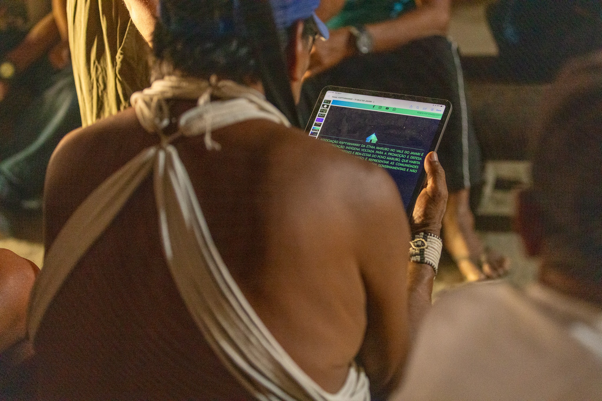 The Kapyvanaway Association website loaded inside the maloca — the territory represents itself.