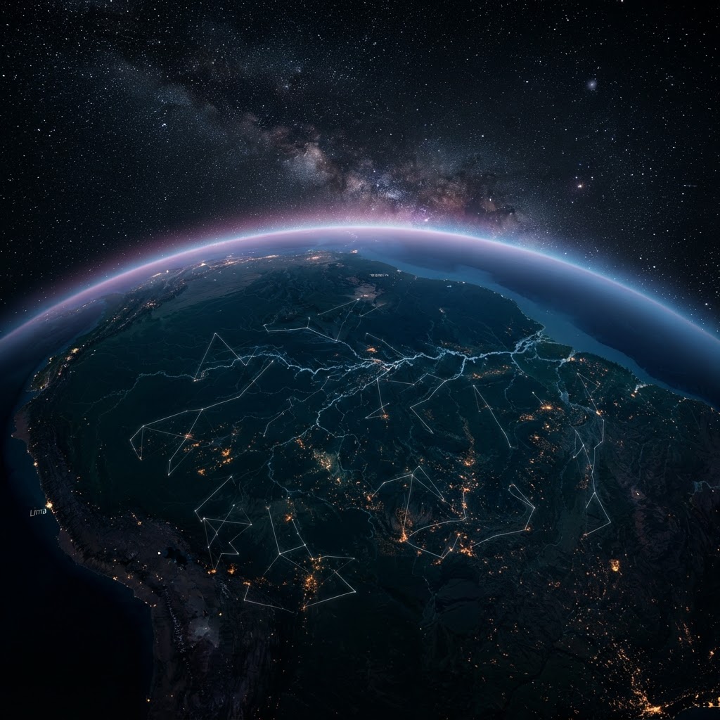 The Amazon basin seen from space at night, communities glowing across the forest