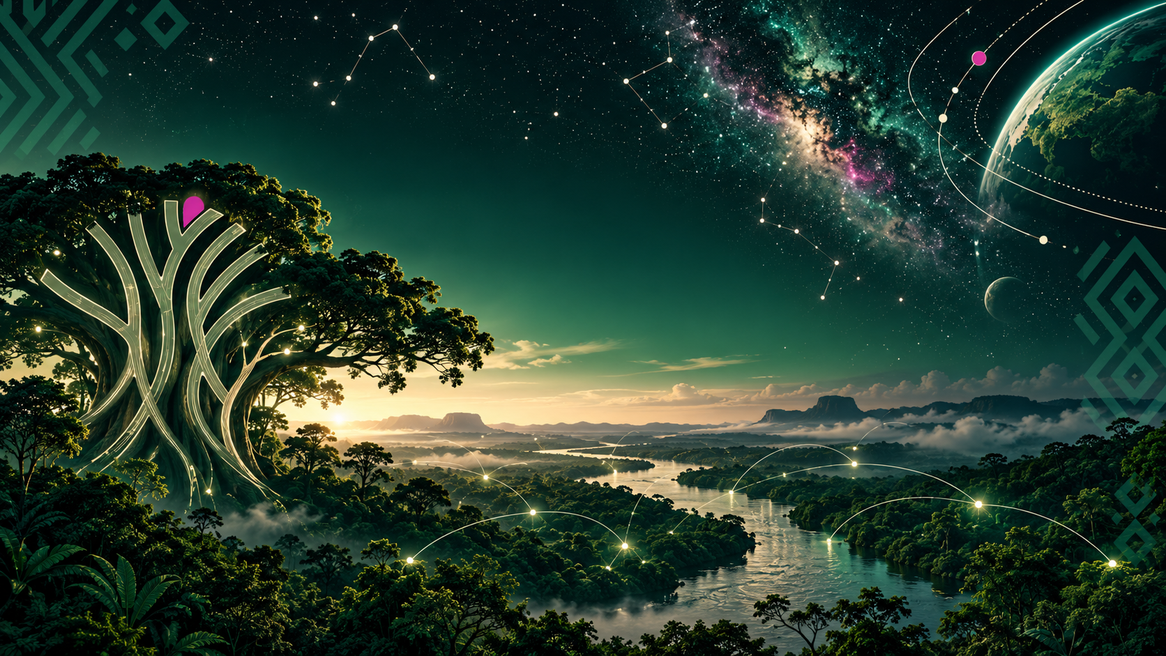 Ancestral tree glowing with light beneath a nebula sky