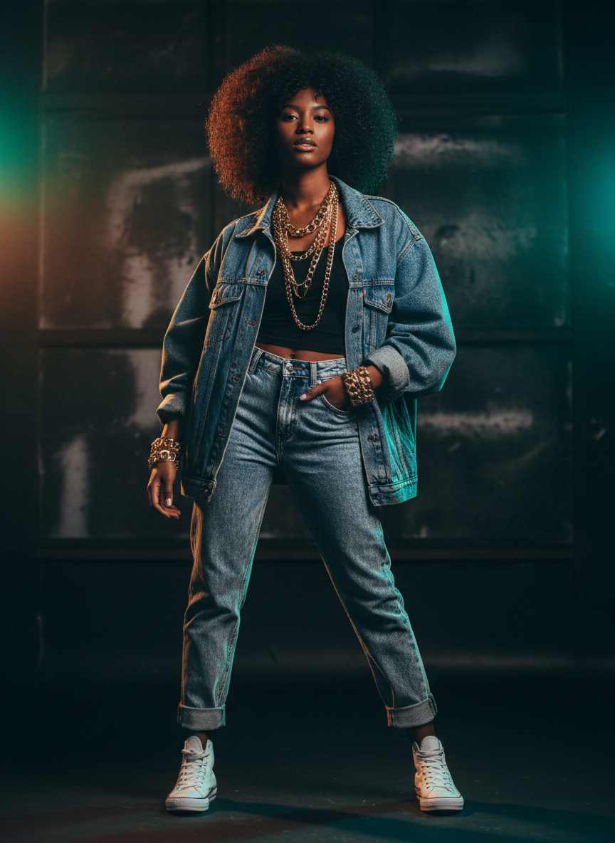 Woman in vintage 80s denim and gold accessories
