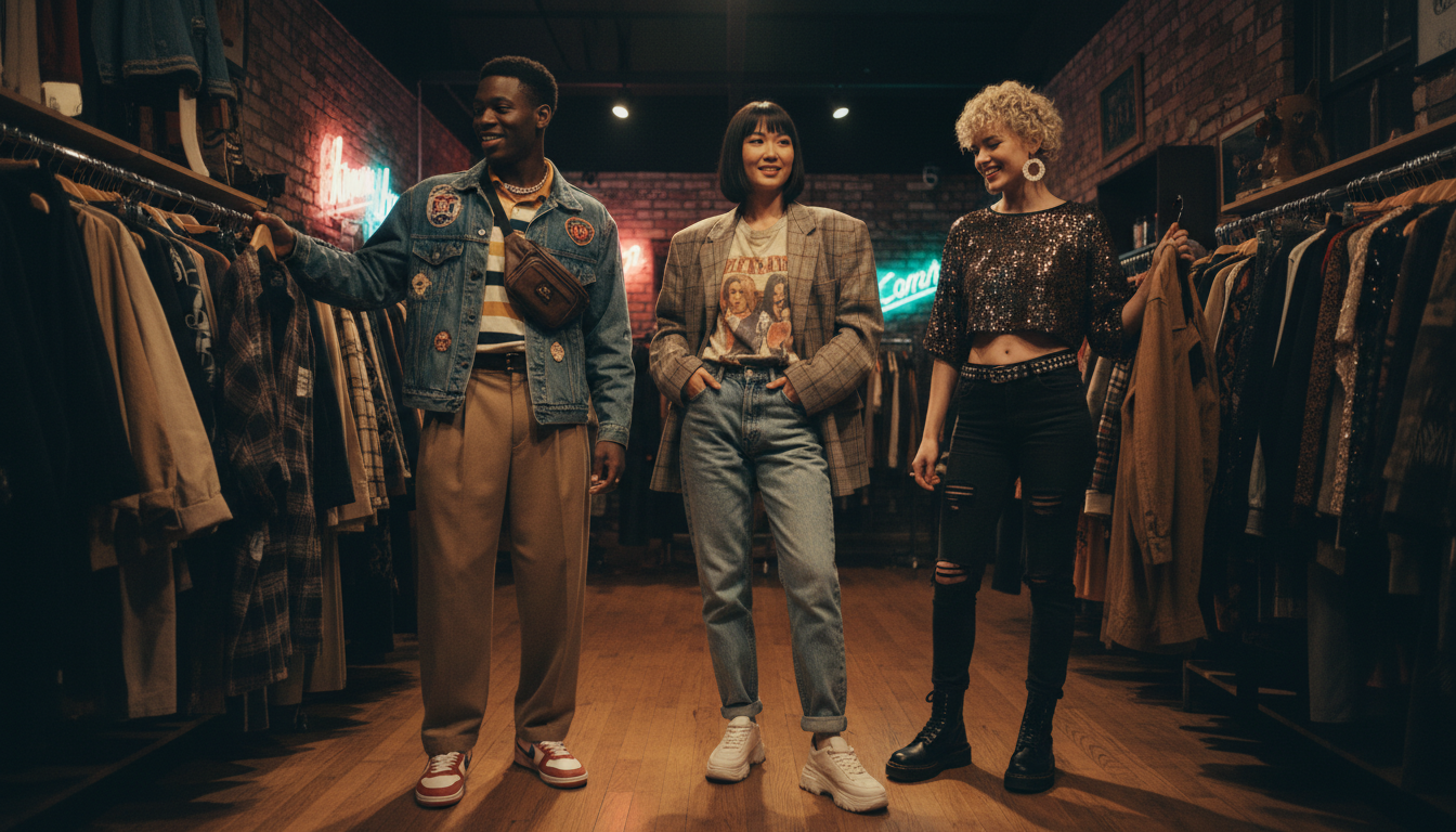 Friends browsing vintage clothing together