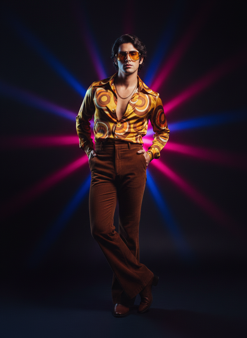 Man in vintage 70s patterned shirt and corduroys