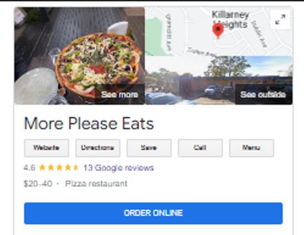 "More Please Eats" GBP before — 13 reviews, pin fixed as goodwill pre-engagement