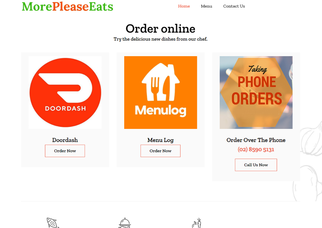 Old website — everything redirected to DoorDash & Menulog. No direct booking.