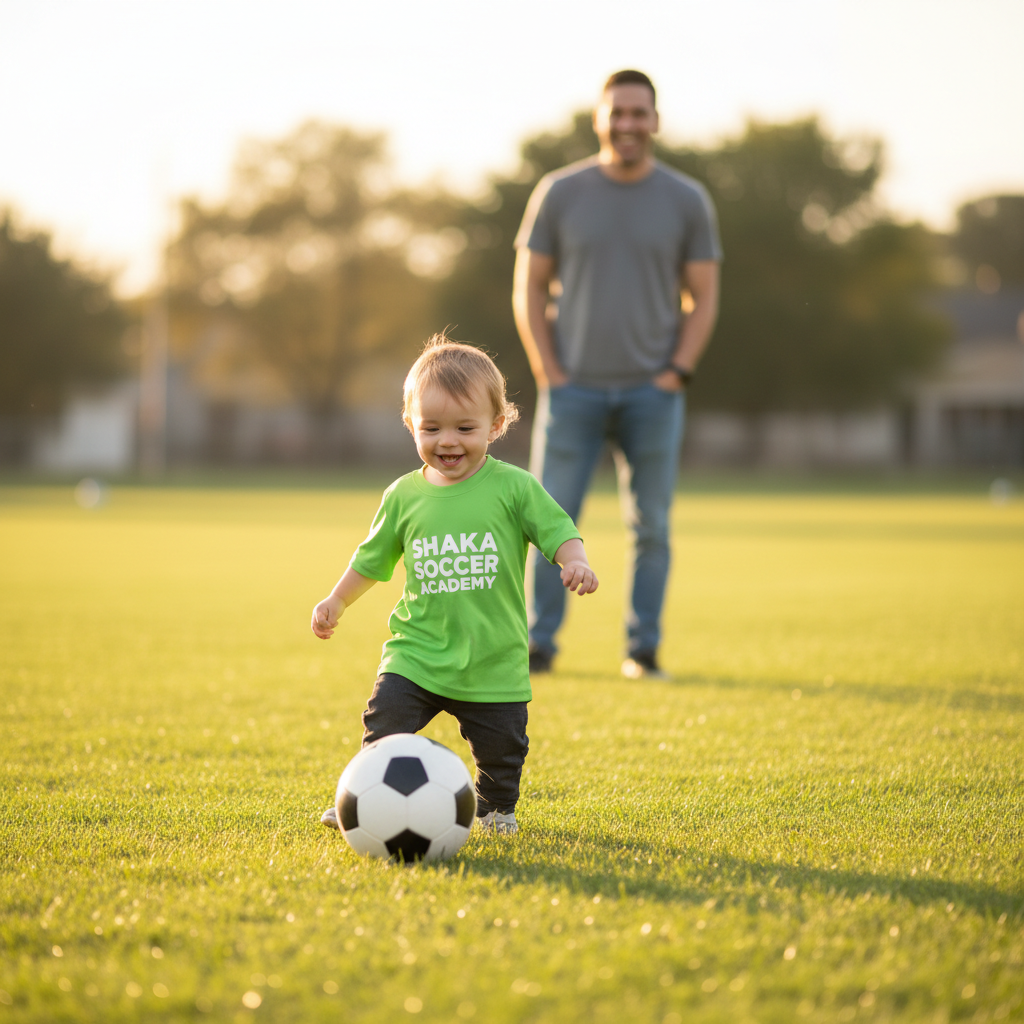 Joyful toddler playing soccer in the sunshine